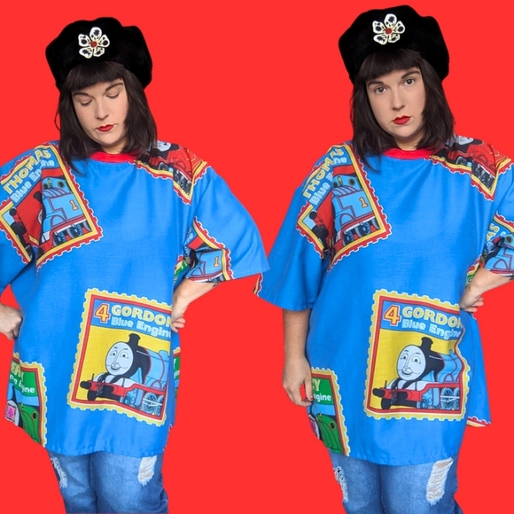 Handmade, Upcycled Thomas The Blue Engine Bedsheet T-Shirt Oversized XL - Picture 4 of 4